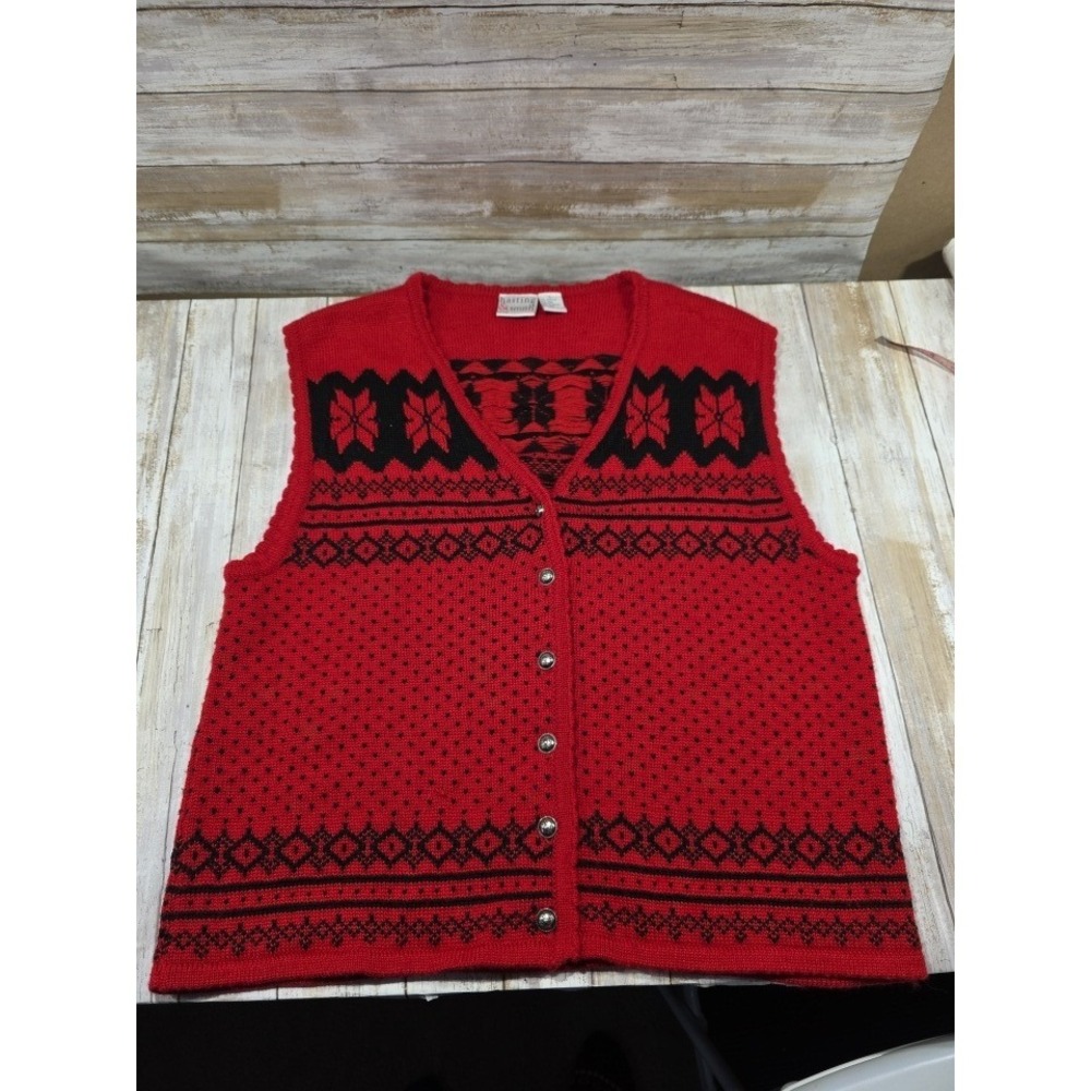 Hasting & Smith‎ Red Black Fair Isle Knit Vest Women's Size L Wool Blend